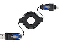 Xystec 3in1-USB-Kabeltrommel: Mini-USB/RJ45/für iPhone; Mini-USB-Kabel, Ladekabel mit Dock-Connector 